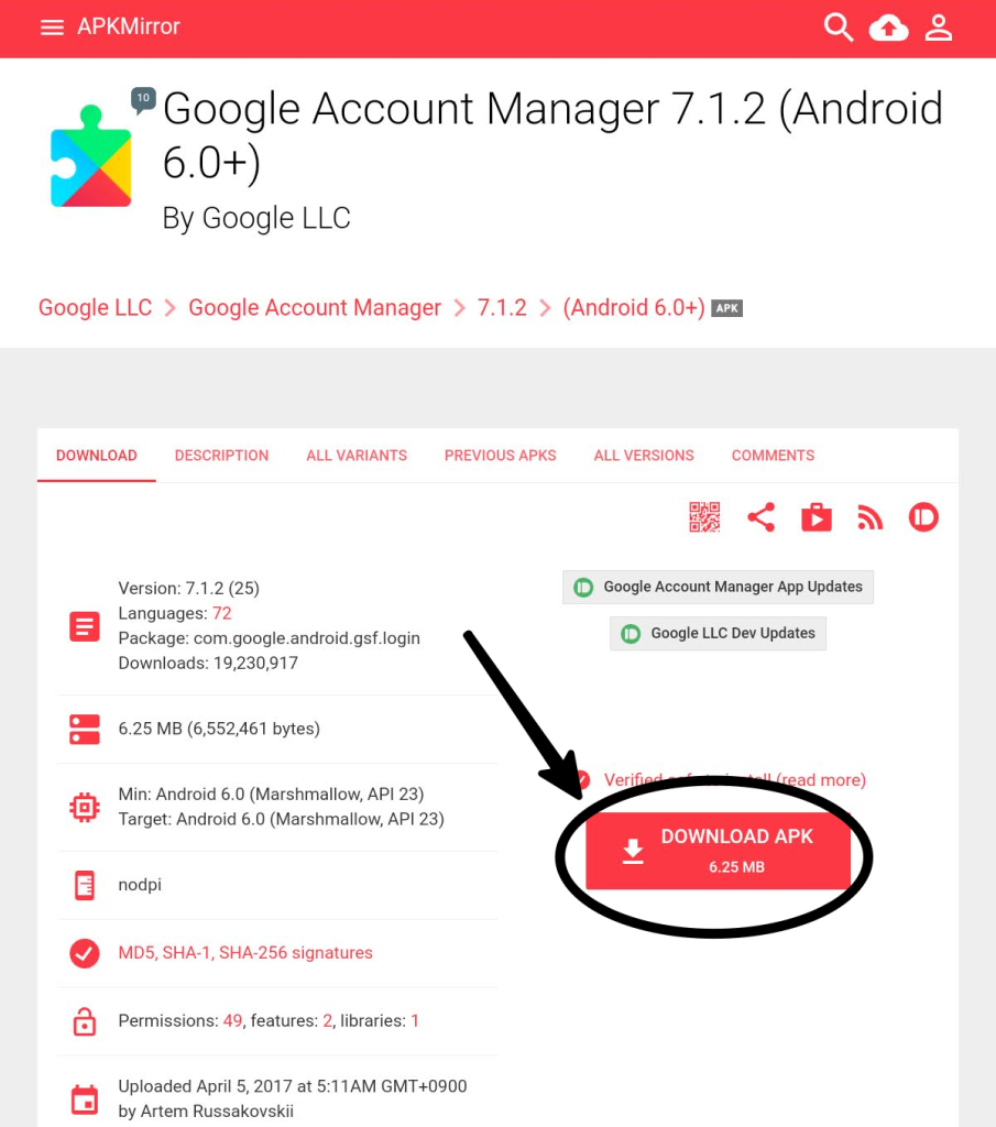 Google Account Manager 7.1.2 (Android 6.0+)のダウンロード画面