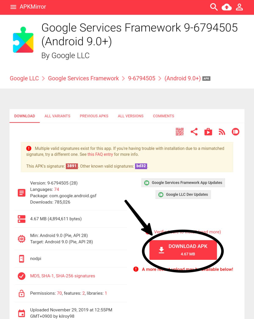 Google Services Framework 9-6794505 (Android 9.0+)のダウンロード画面