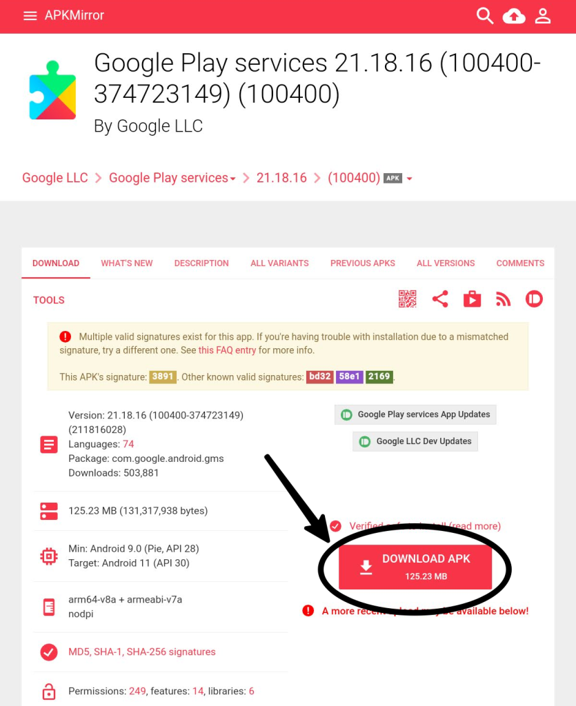 Google Play services 21.18.16 (100400-374723149) (100400)のダウンロード画面