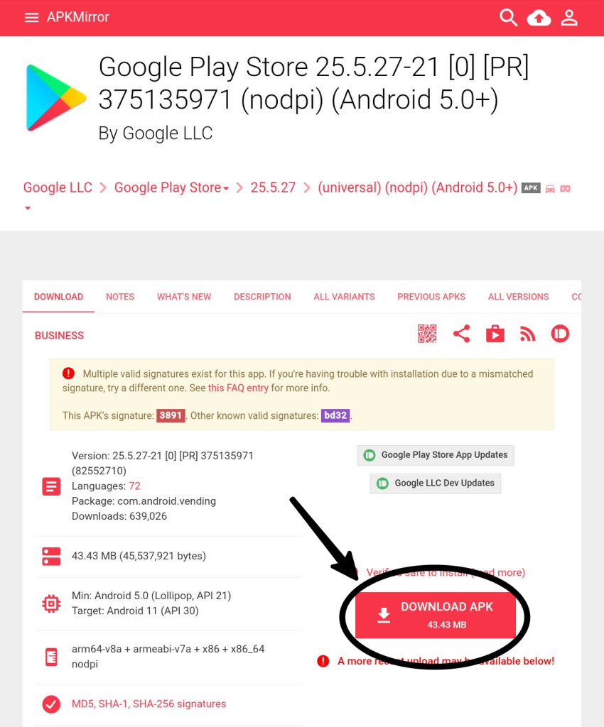 Google Play Store 25.5.27-21 [0] [PR] 375135971 (nodpi) (Android 5.0+)のダウンロード画面