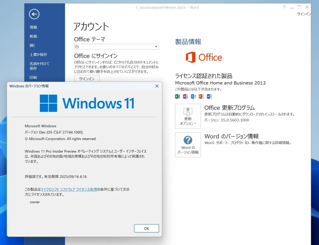 Windows11 24H2でOffice2013 Wordバージョン15.0.5571.1000を起動