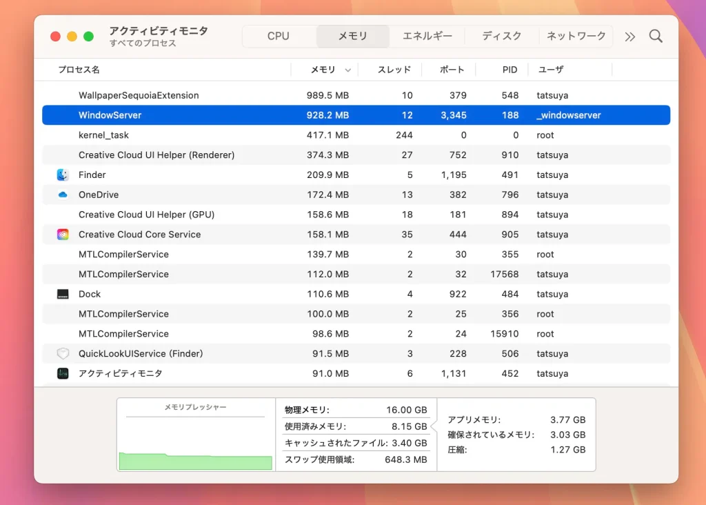 macos sequoiaのアクティビティモニター