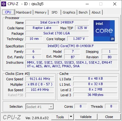 9.12Ghz動作しているCore i9 14900KFのCPU-Z
