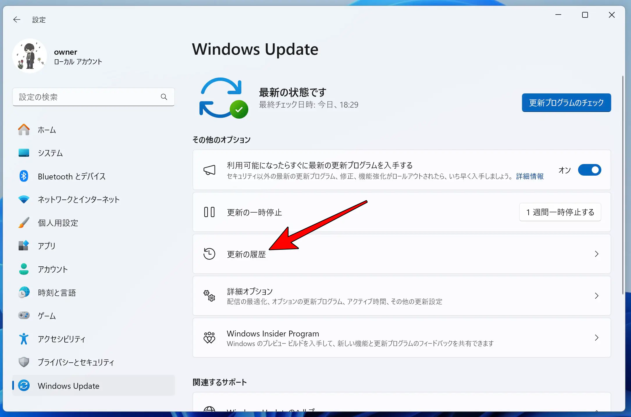 Windows Updateの更新の履歴画面